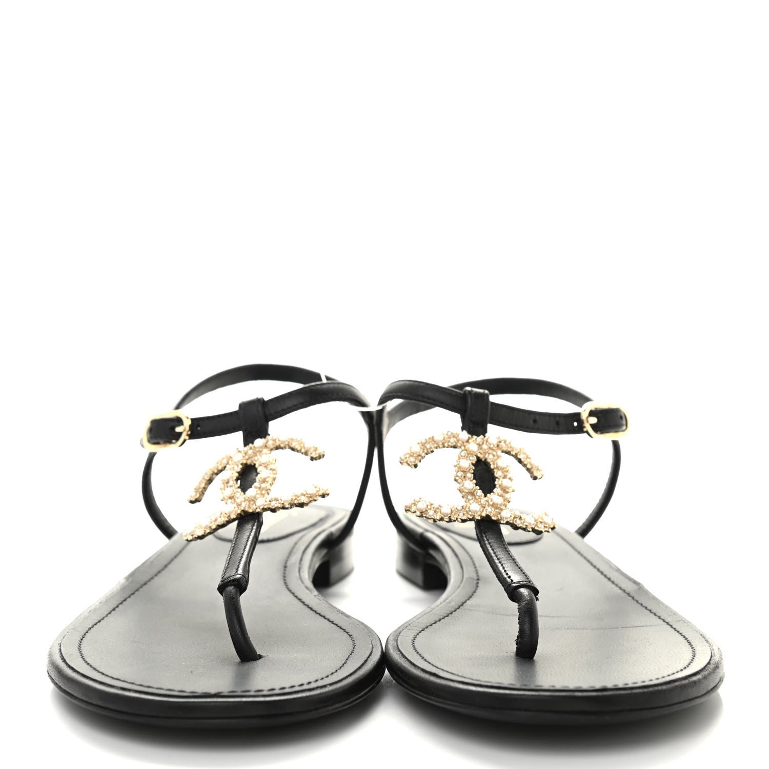 Chanel Calfskin Pearl Crystal CC Charm Thong Sandals 38.5 Black 2 of 9