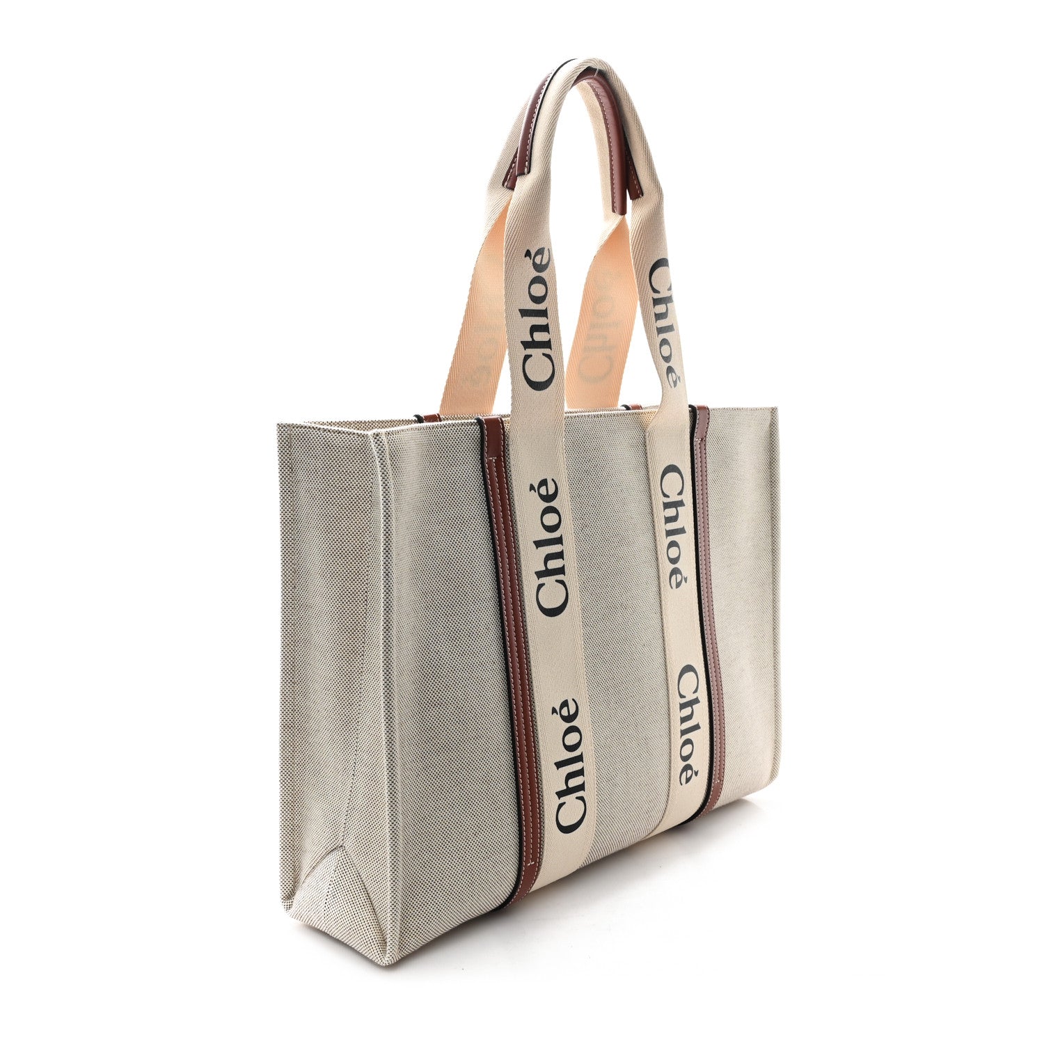 Chloe Cotton Calfskin Large Woody Ribbon Tote White Brown 3 of 9