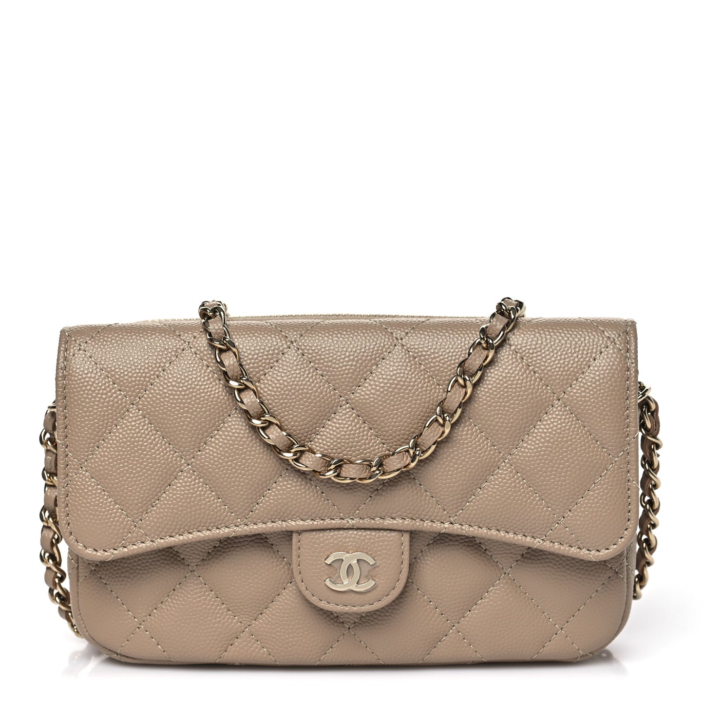 Caviar Quilted Flap Phone Holder With Chain Beige