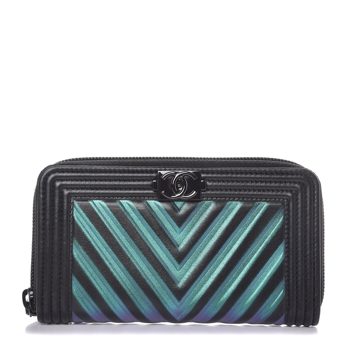 Calfskin Painted Chevron Embossed Small Boy Zip Wallet Black