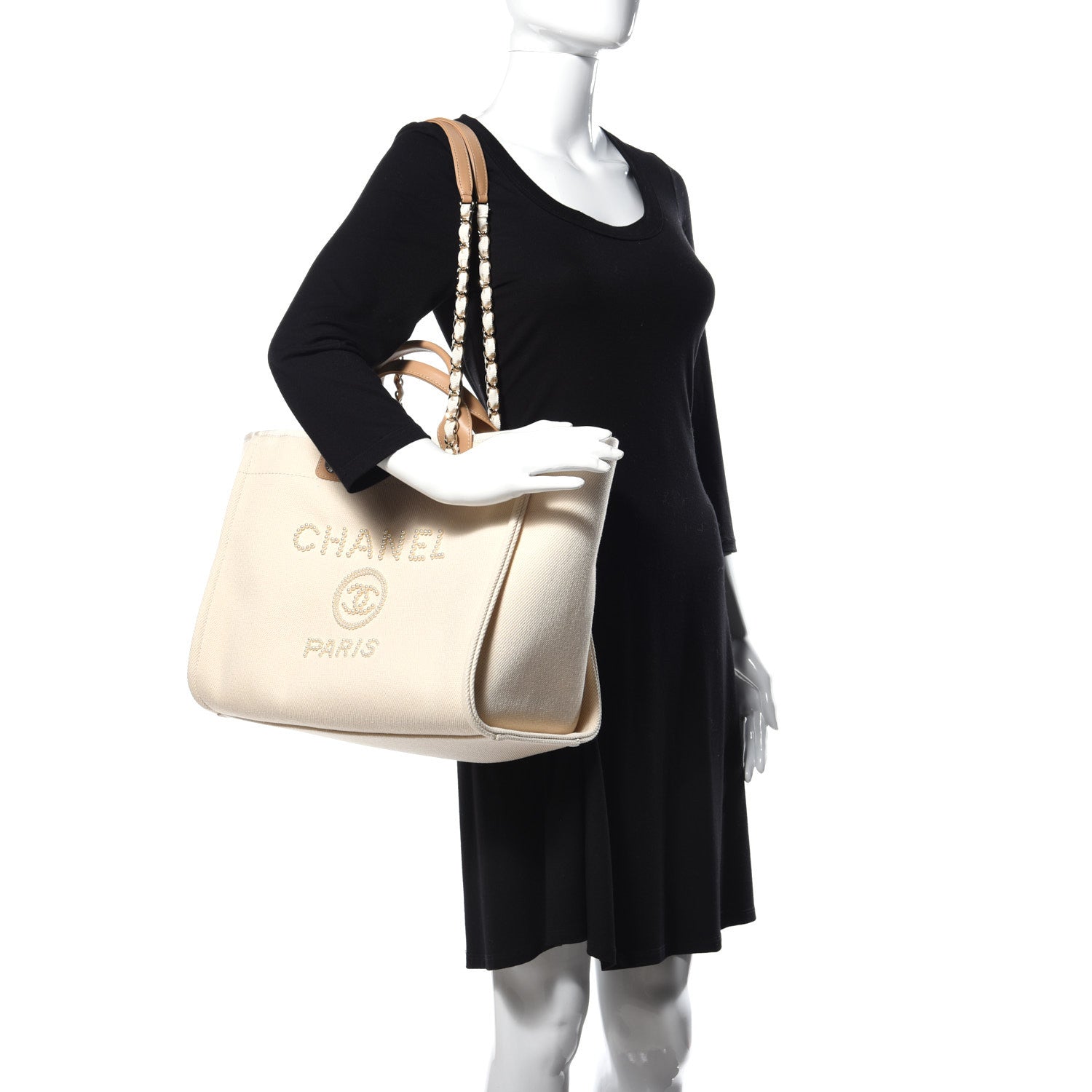 Chanel Canvas Pearl Medium Deauville Tote Ecru Beige 2 of 12