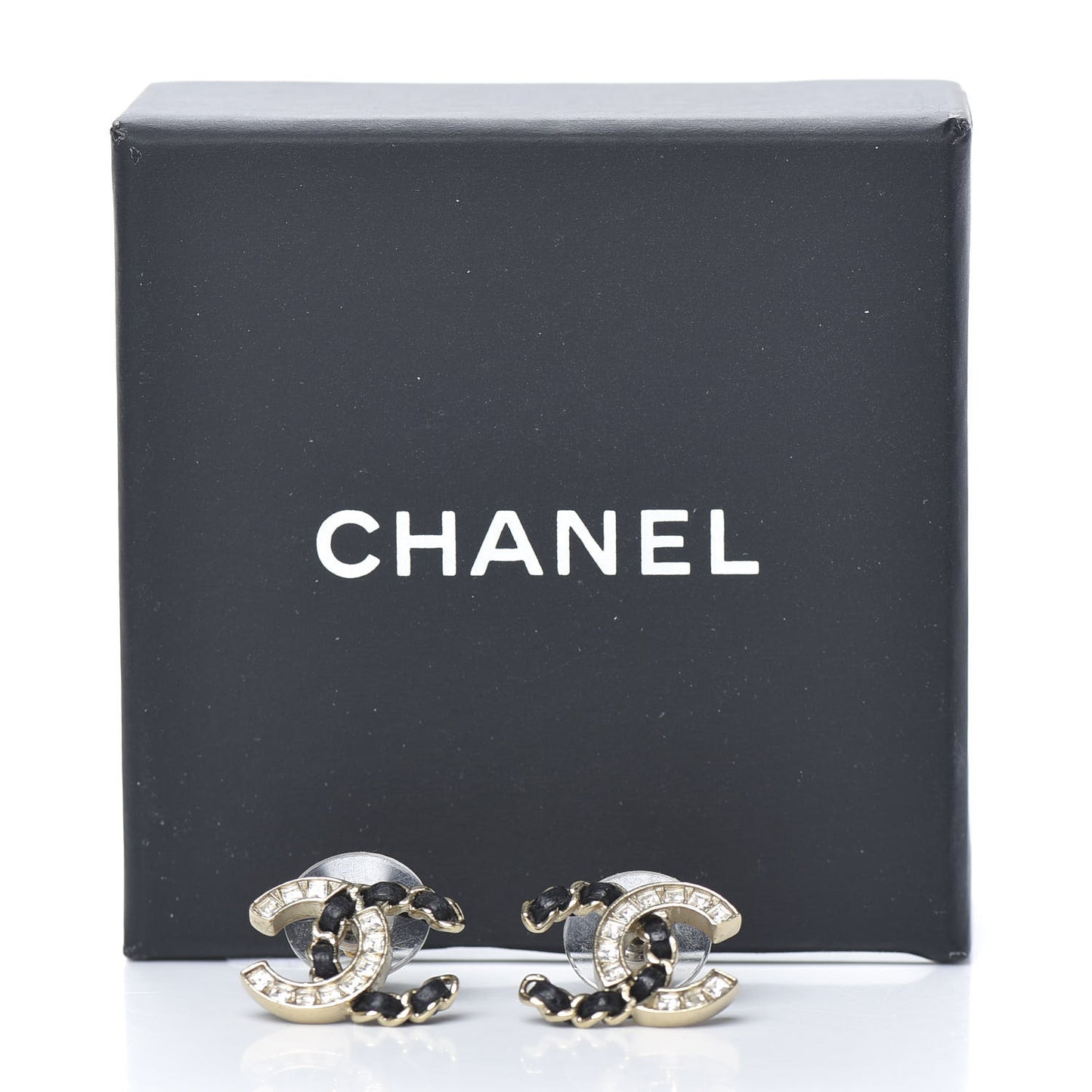 Crystal Baguette Lambskin Chain CC Vintage Allure Stud Earrings Black Gold