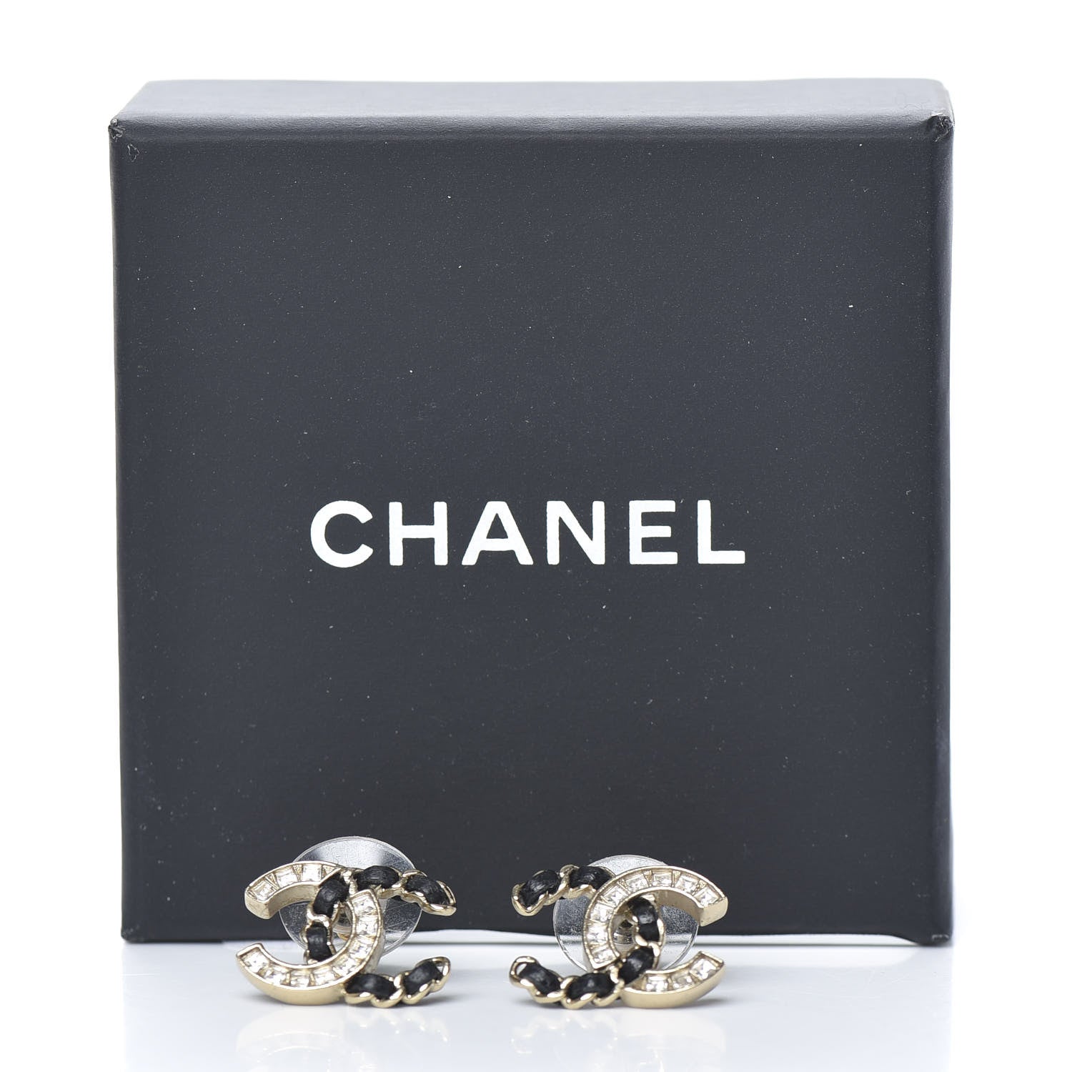 Chanel Crystal Baguette Lambskin Chain CC Vintage Allure Stud Earrings Black Gold 5 of 5