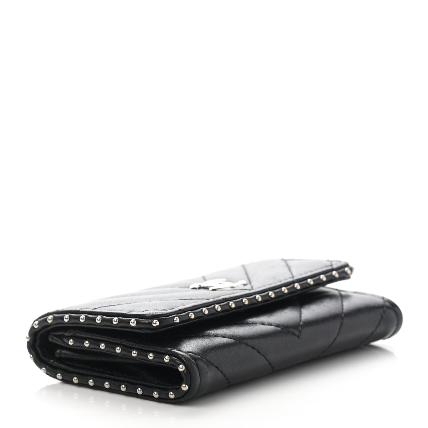 Lambskin Chevron Quilted Studded Flap Card Holder Black