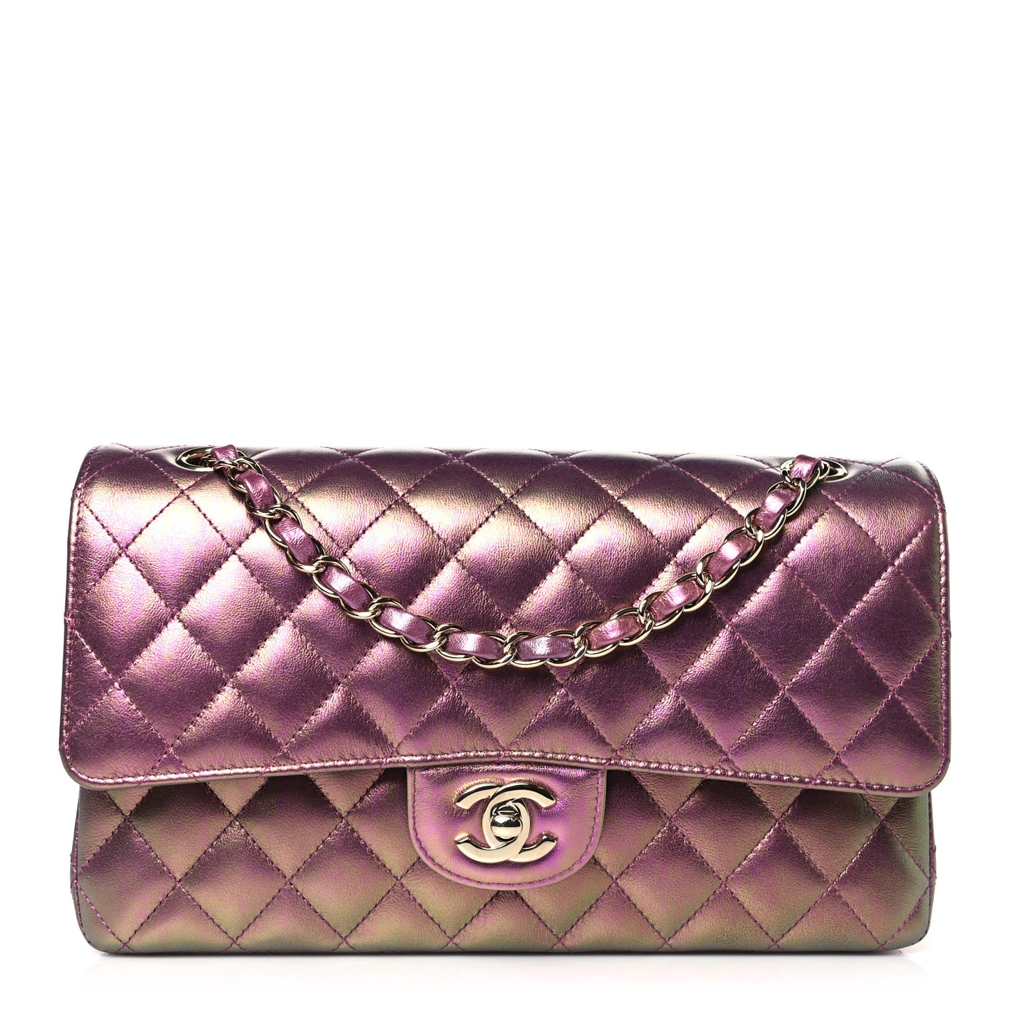 Iridescent Lambskin Quilted Medium Double Flap Purple