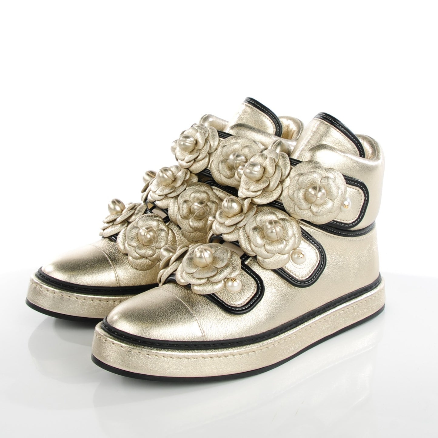 Metallic Lambskin Camellia High Top Sneakers 38 Gold