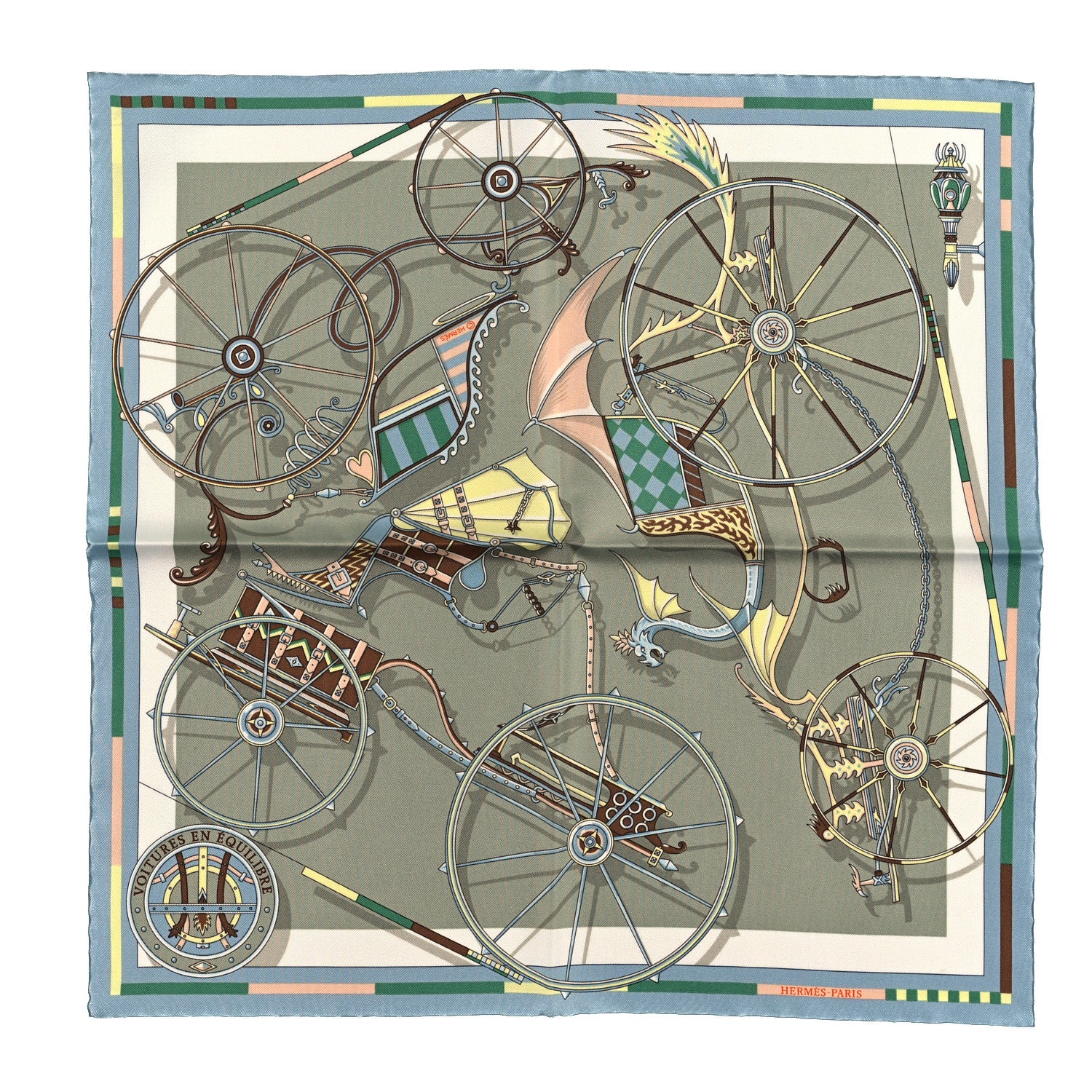 Hermes Silk Voitures en Equilibre Scarf 45 Vert Amande Bleu Glacier Jaune 1 of 3