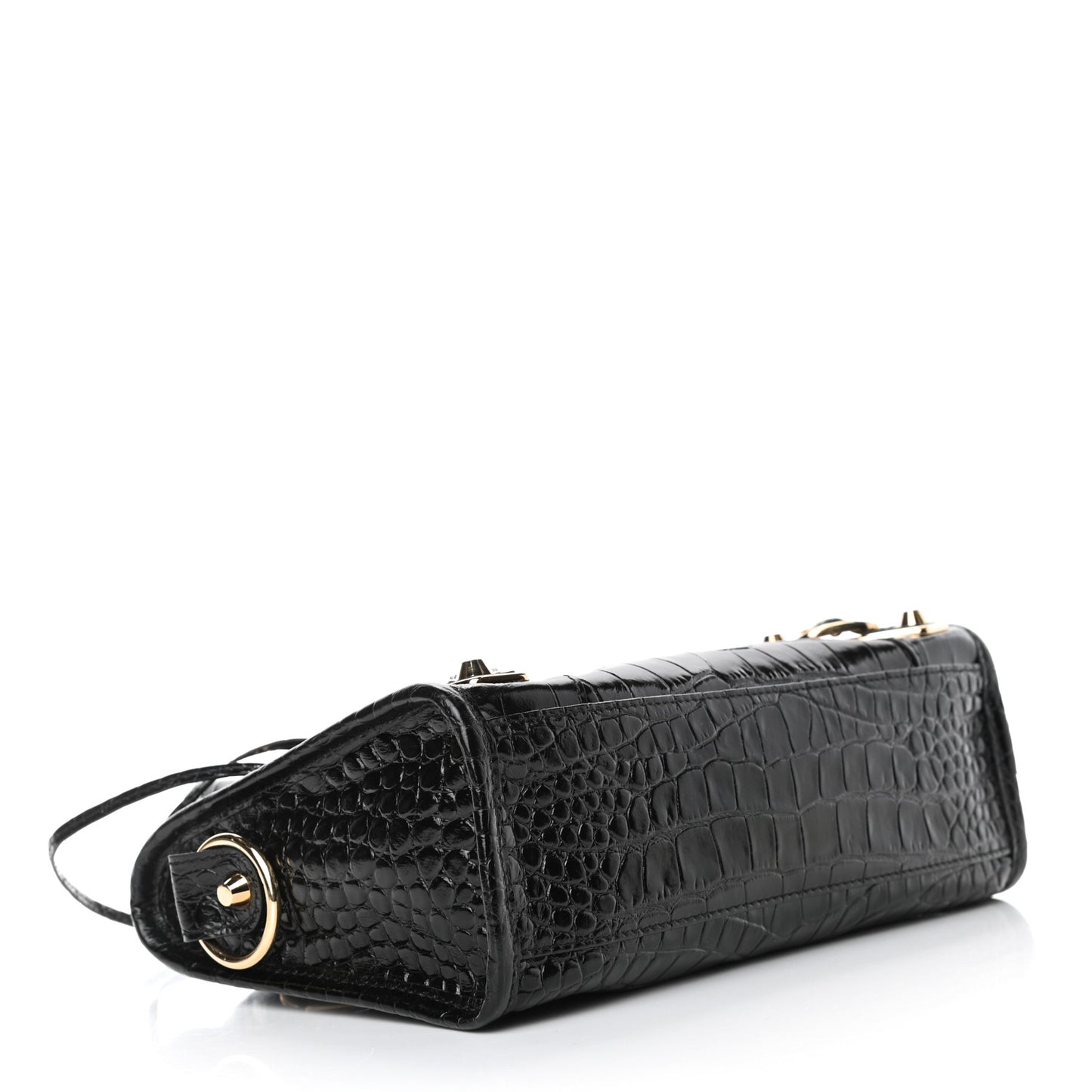 Shiny Supple Calfskin Crocodile Embossed Gold Metallic Edge Hardware Mini City Black