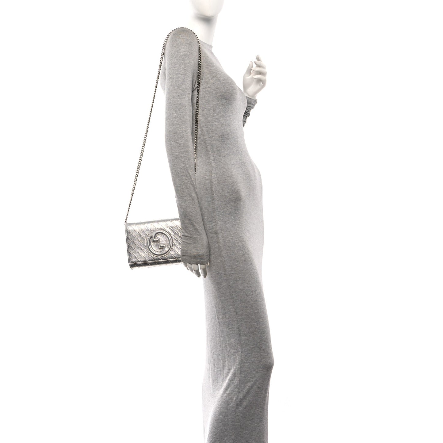 Metallic Sakai Be Green Calfskin Diagonal Stitched Blondie Wallet on Chain Silver