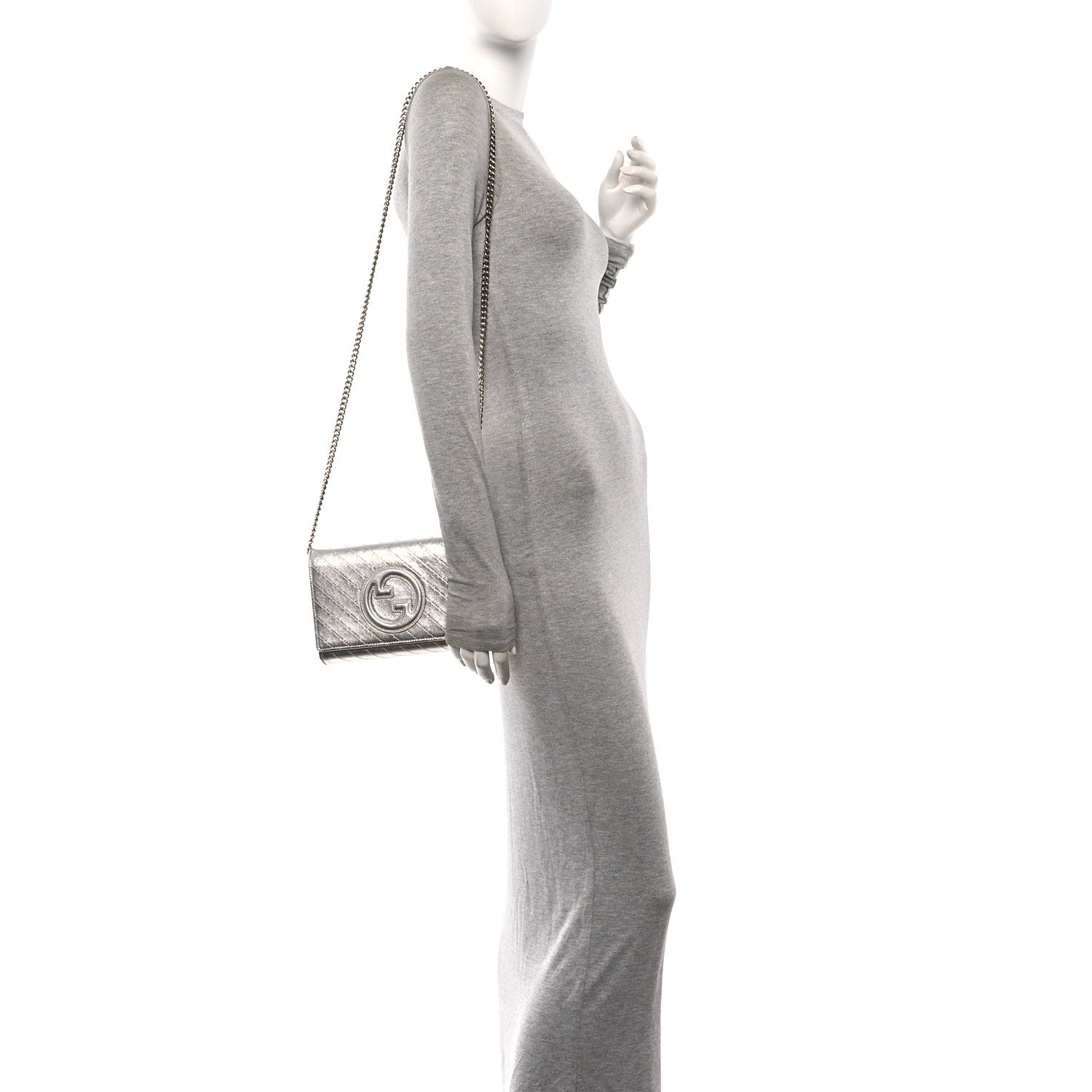 Gucci Metallic Sakai Be Green Calfskin Diagonal Stitched Blondie Wallet on Chain Silver 3 of 10