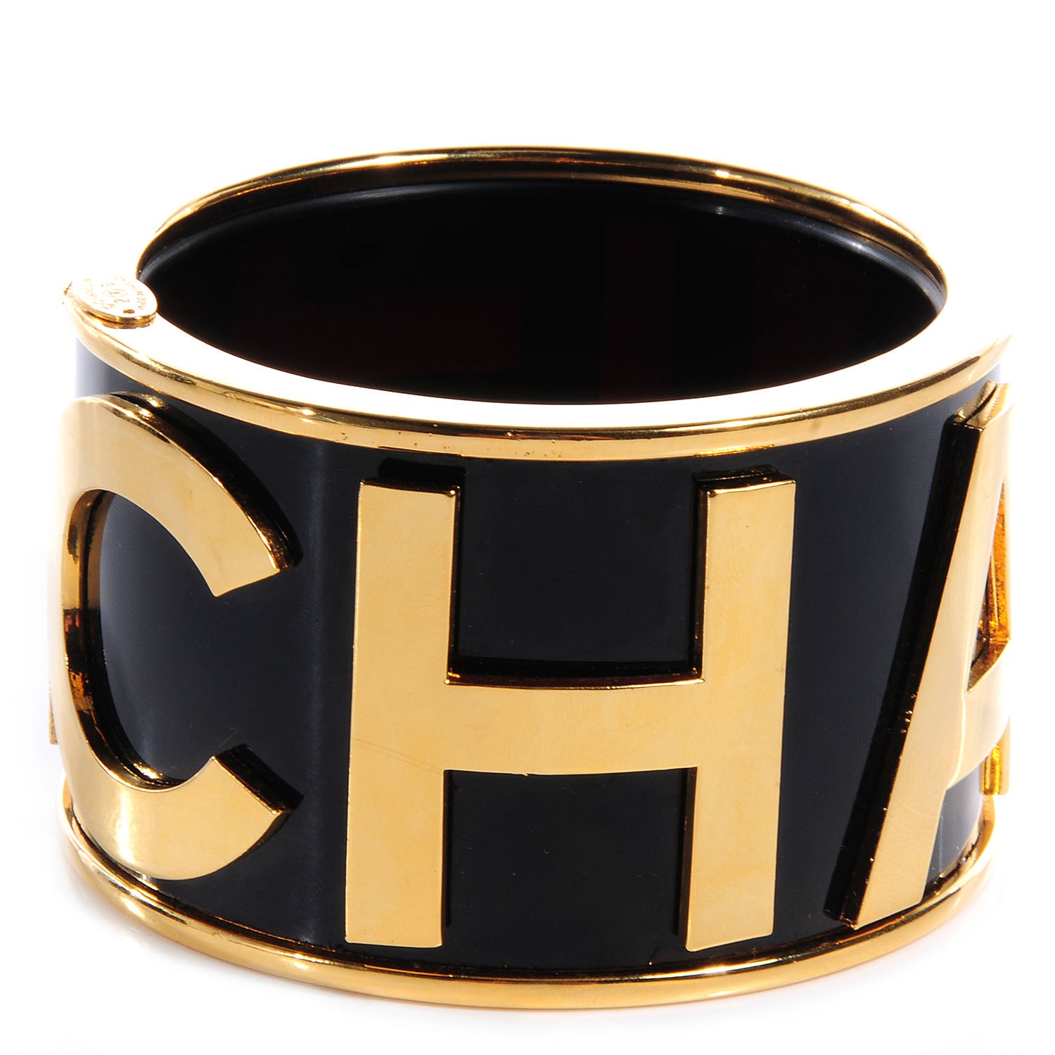 Chanel Resin Logo Wide Bangle Black Gold 1 of 7