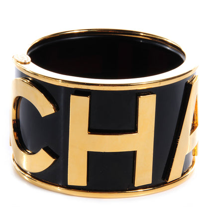 Chanel Resin Logo Wide Bangle Black Gold 1 of 7
