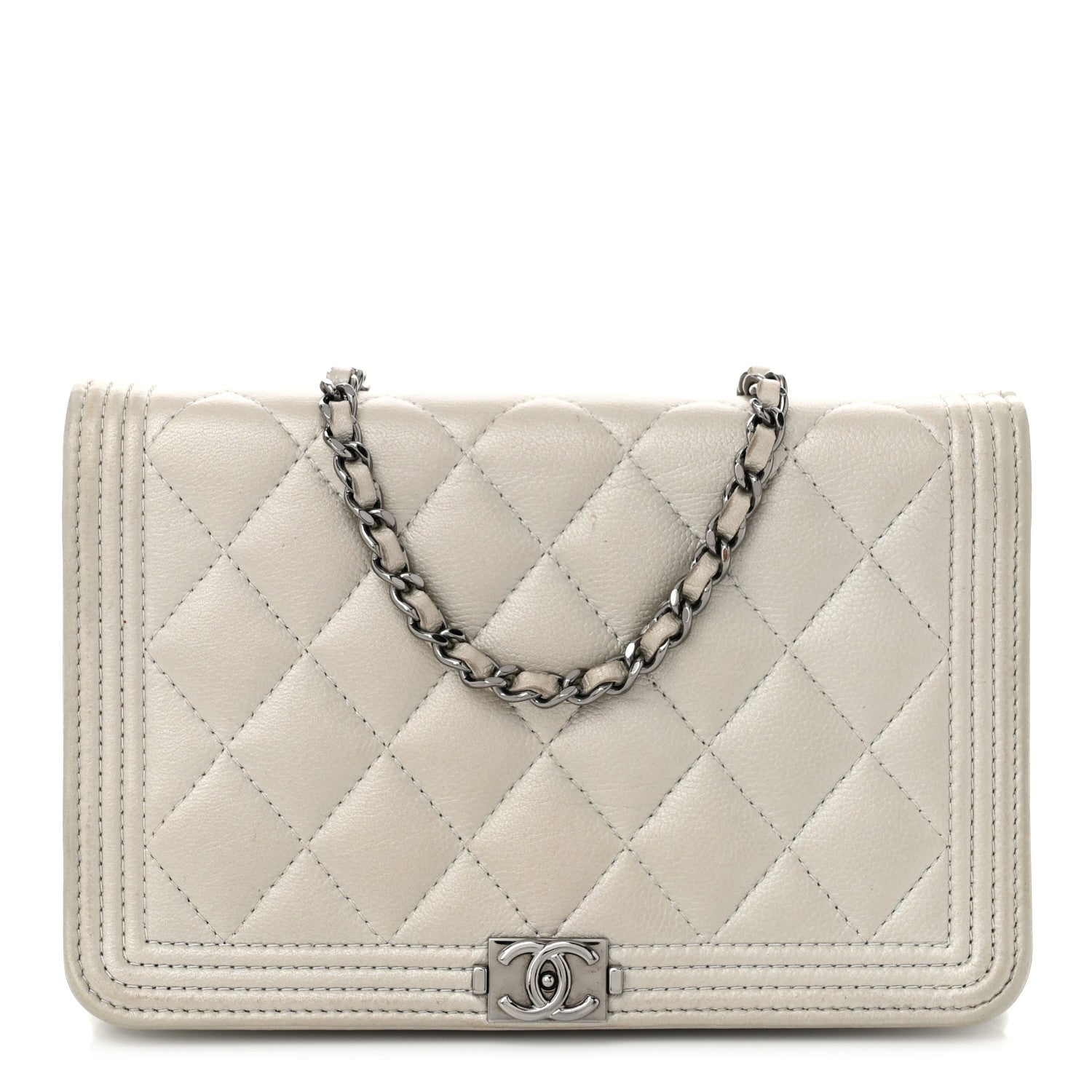 Chanel Metallic Caviar Quilted Boy Wallet On Chain WOC Silver 1 of 14