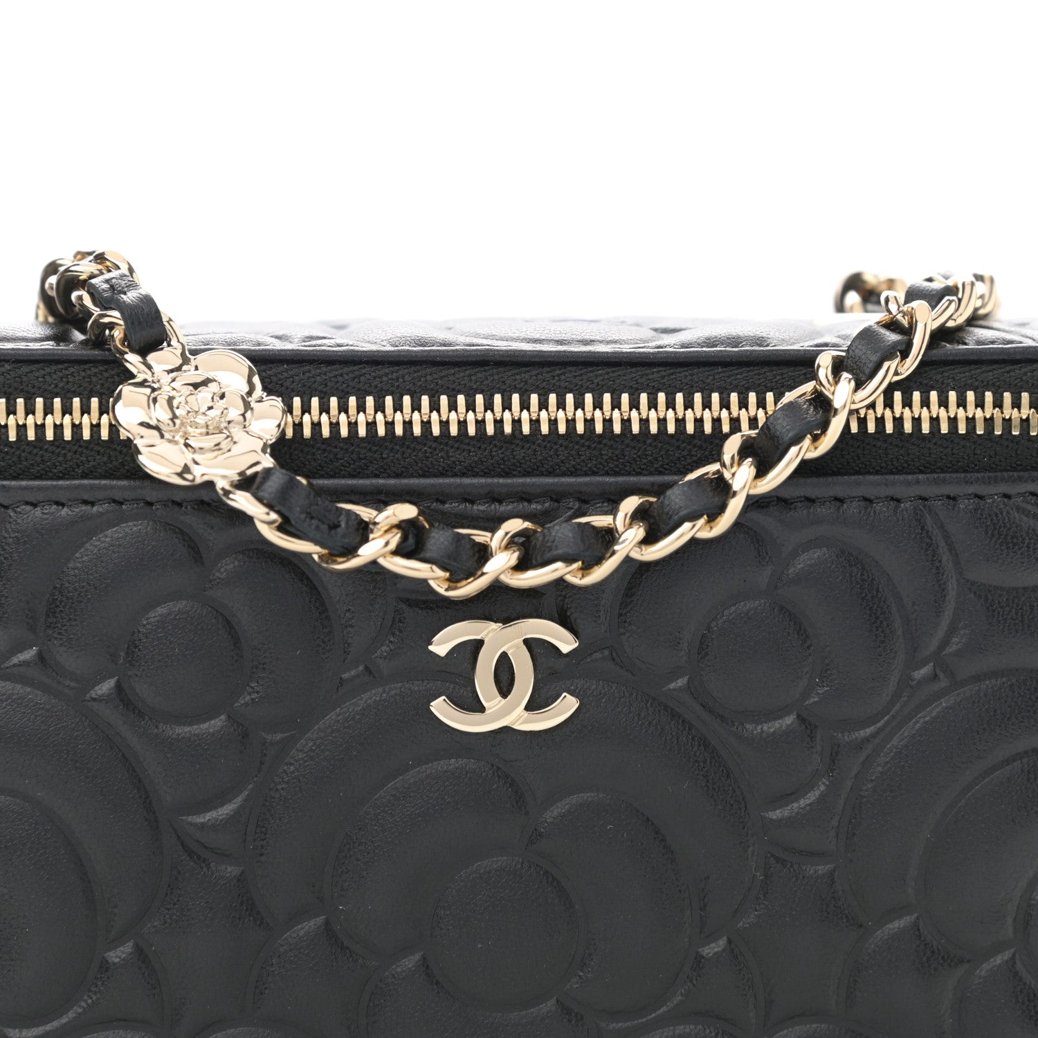Chanel Lambskin Camellia Embossed Small Vanity Case With Chain Black 8 of 10