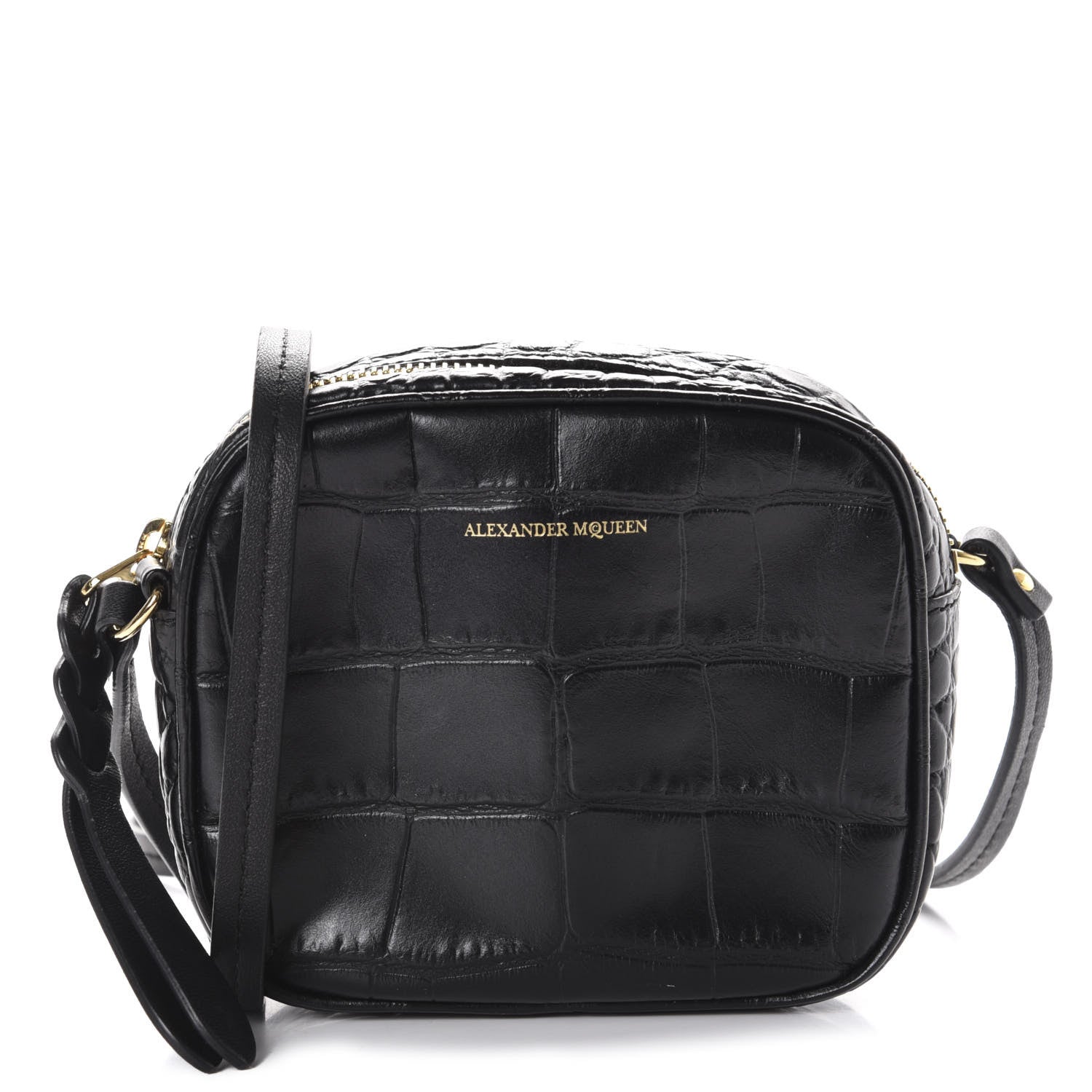Alexander McQueen Calfskin Crocodile Embossed Camera Shoulder Bag Black 1 of 10