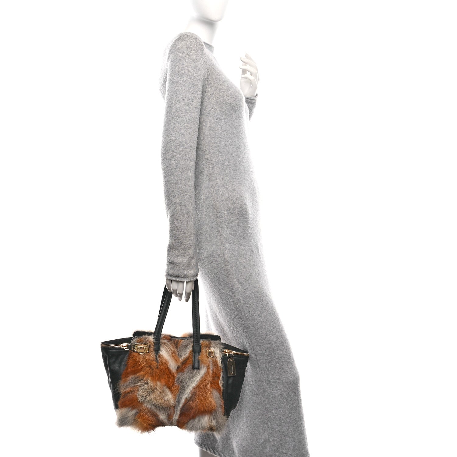 Salvatore Ferragamo Calfskin Fox Fur Medium Verve Double Zip Tote Black Multicolor 2 of 9