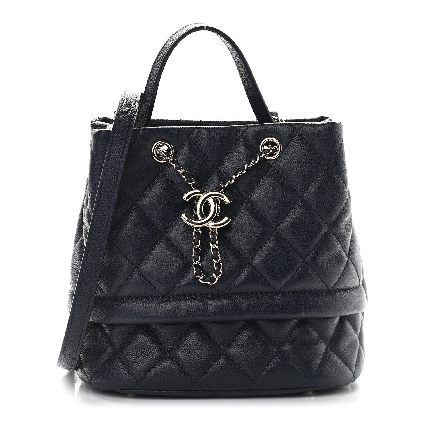Caviar Quilted Rolled Up Bucket Drawstring Bag Navy