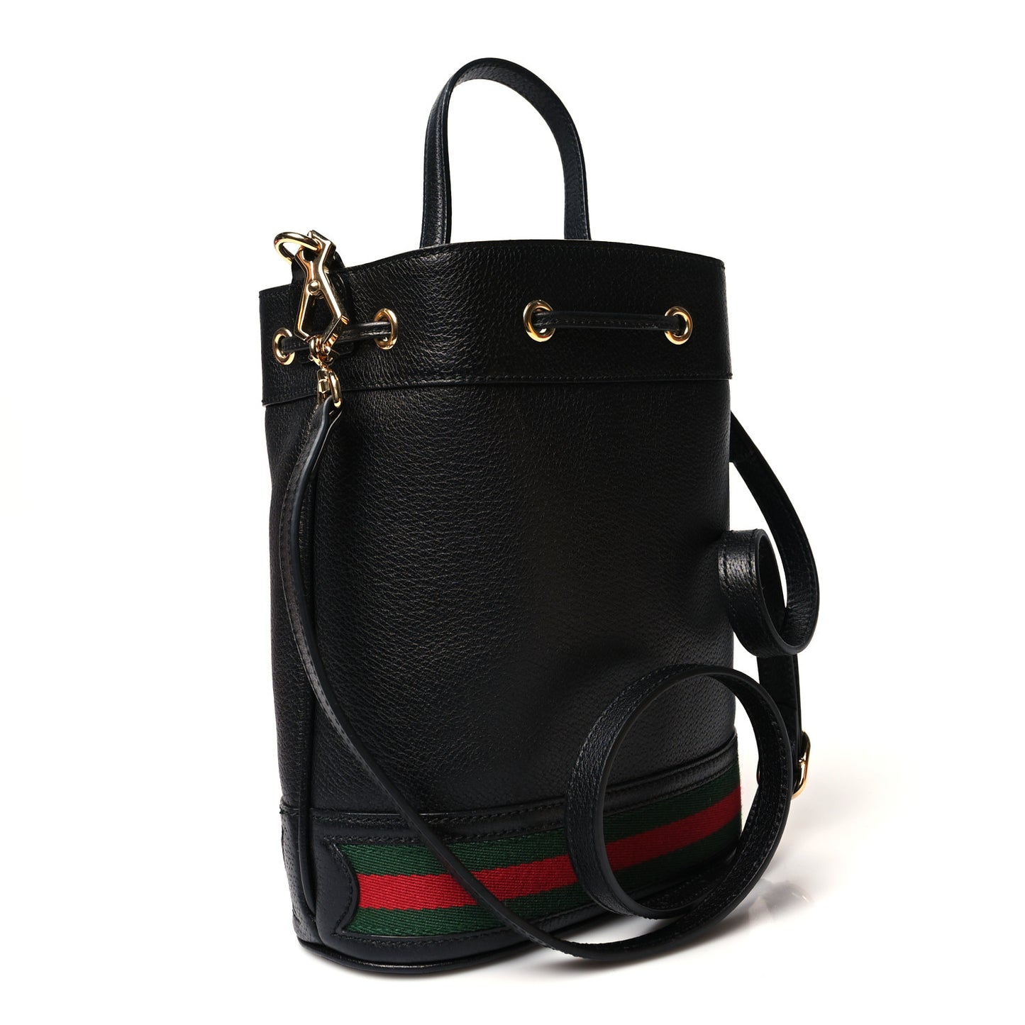 Glazed Textured Calfskin Web Small Ophidia Bucket Bag Black