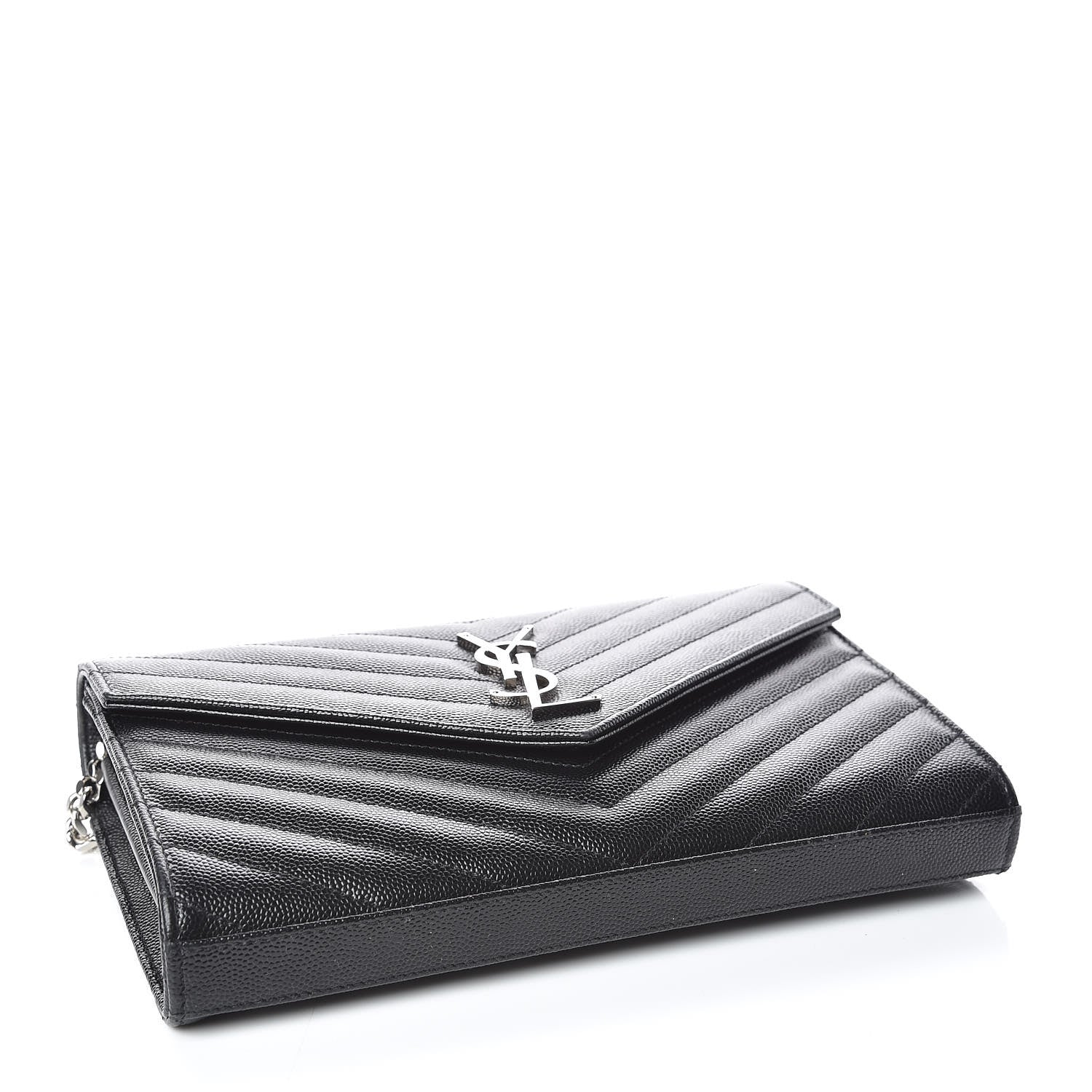 Saint Laurent Grain De Poudre Matelasse Chevron Monogram Chain Wallet Black 4 of 9