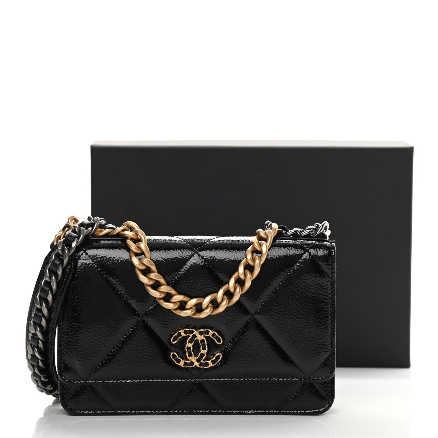 Shiny Crumpled Calfskin Quilted Chanel 19 Wallet On Chain WOC Black