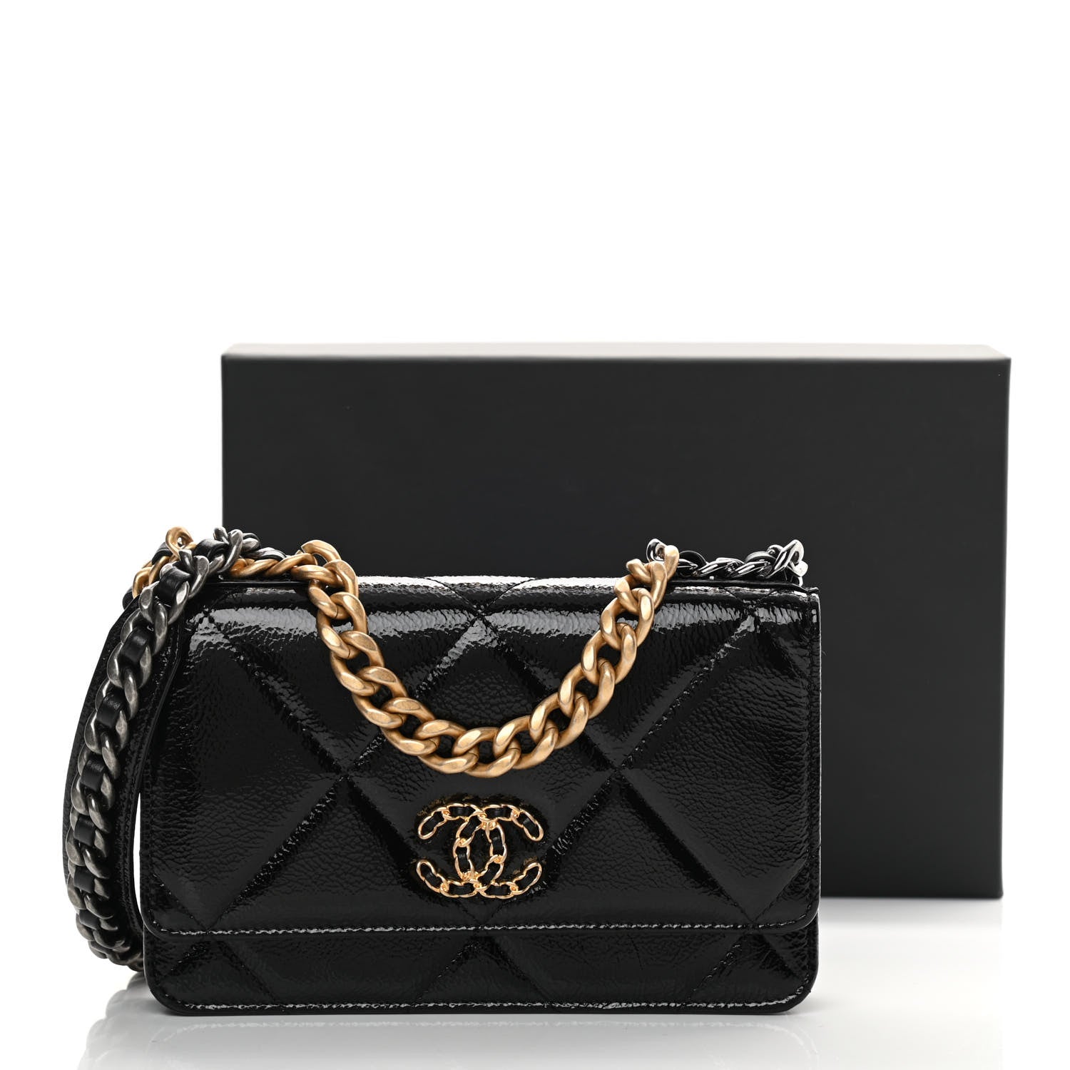 Chanel Shiny Crumpled Calfskin Quilted Chanel 19 Wallet On Chain WOC Black 14 of 14