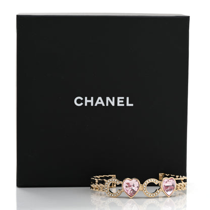 Chanel Crystal Pearl Coco Heart Chain Cuff Bracelet M Pink 6 of 6