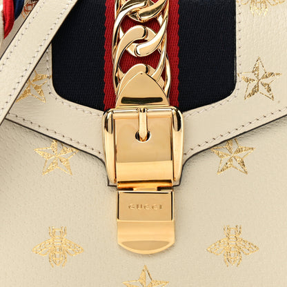 Gucci Textured Calfskin Bee Star Print Mini Sylvie Top Handle Bag Mystic White 8 of 14