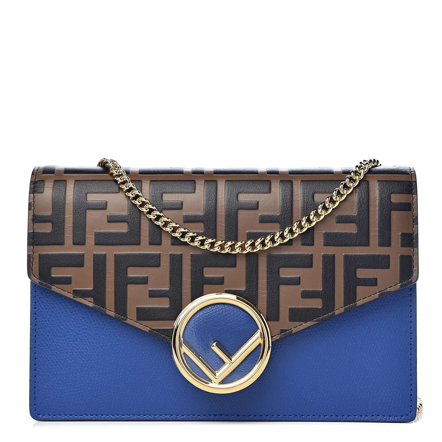 Fendi Vitello Cruise F is Fendi Bi-Color FF 1974 Embossed Medium Envelope Wallet On Chain Maya Black Blue Neon 1 of 10