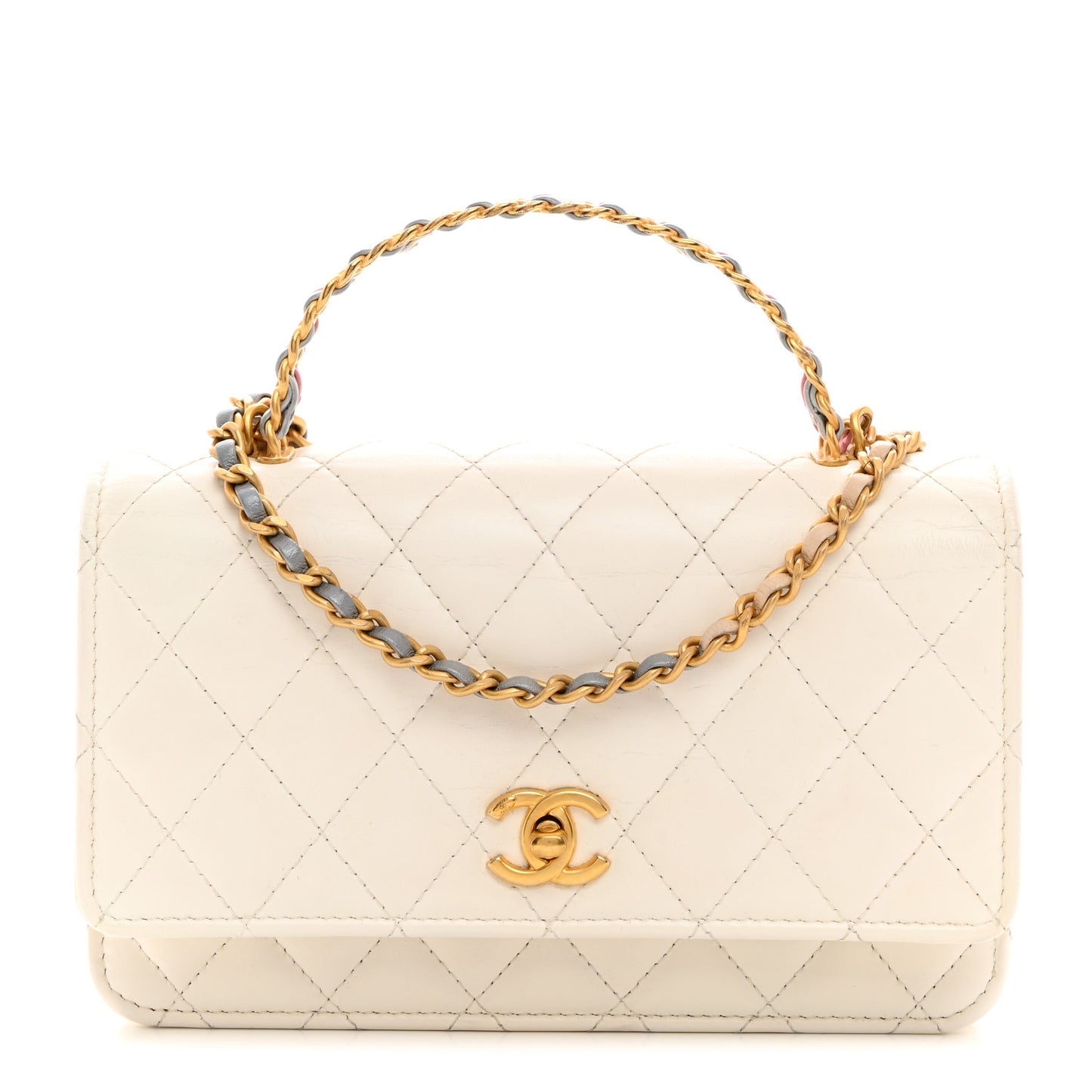 Shiny Calfskin Quilted Multicolor Top Handle Wallet On Chain WOC White