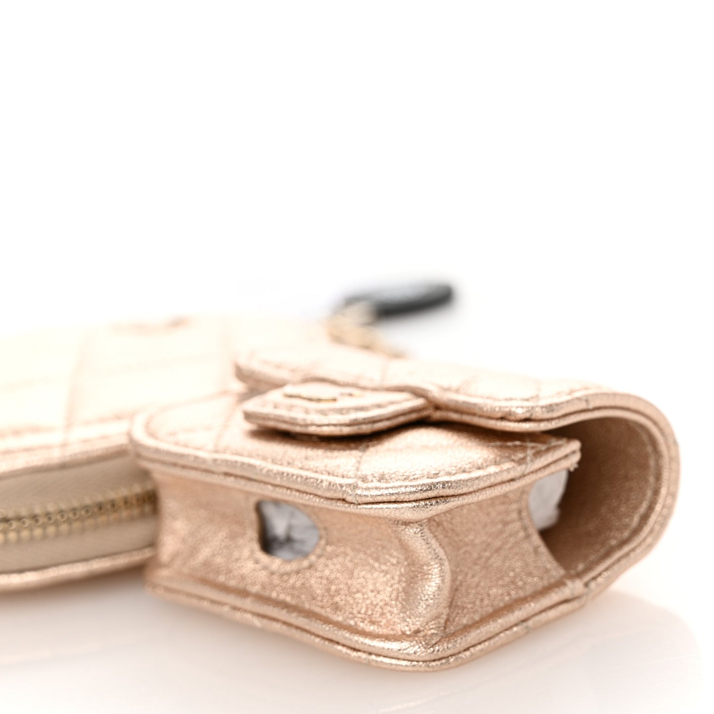 Metallic Lambskin Quilted Round Clip On Coin Purse Airpods Case Gold