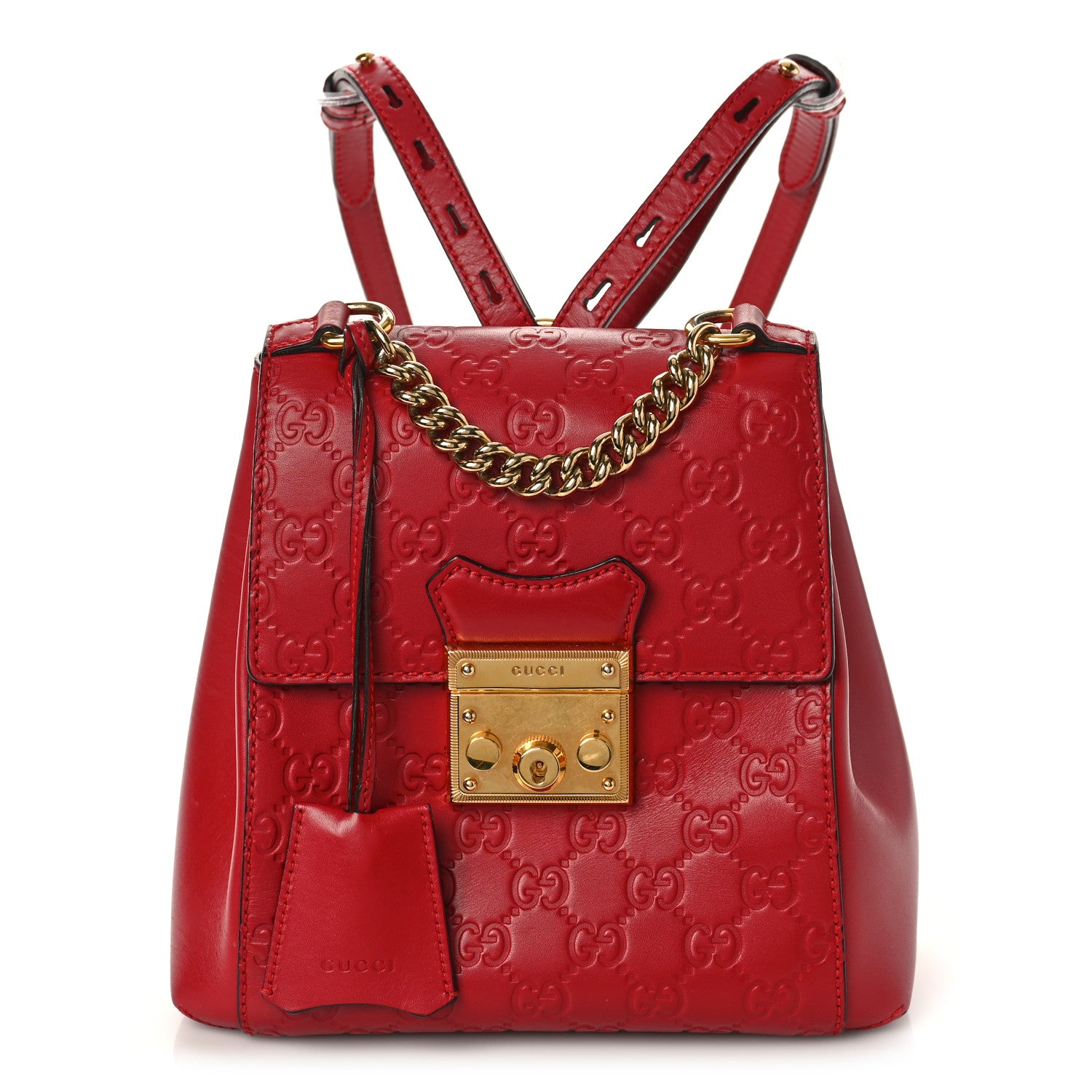 GUCCI Guccissima Signature Padlock Backpack in the color Hibiscus Red by FASHIONPHILE