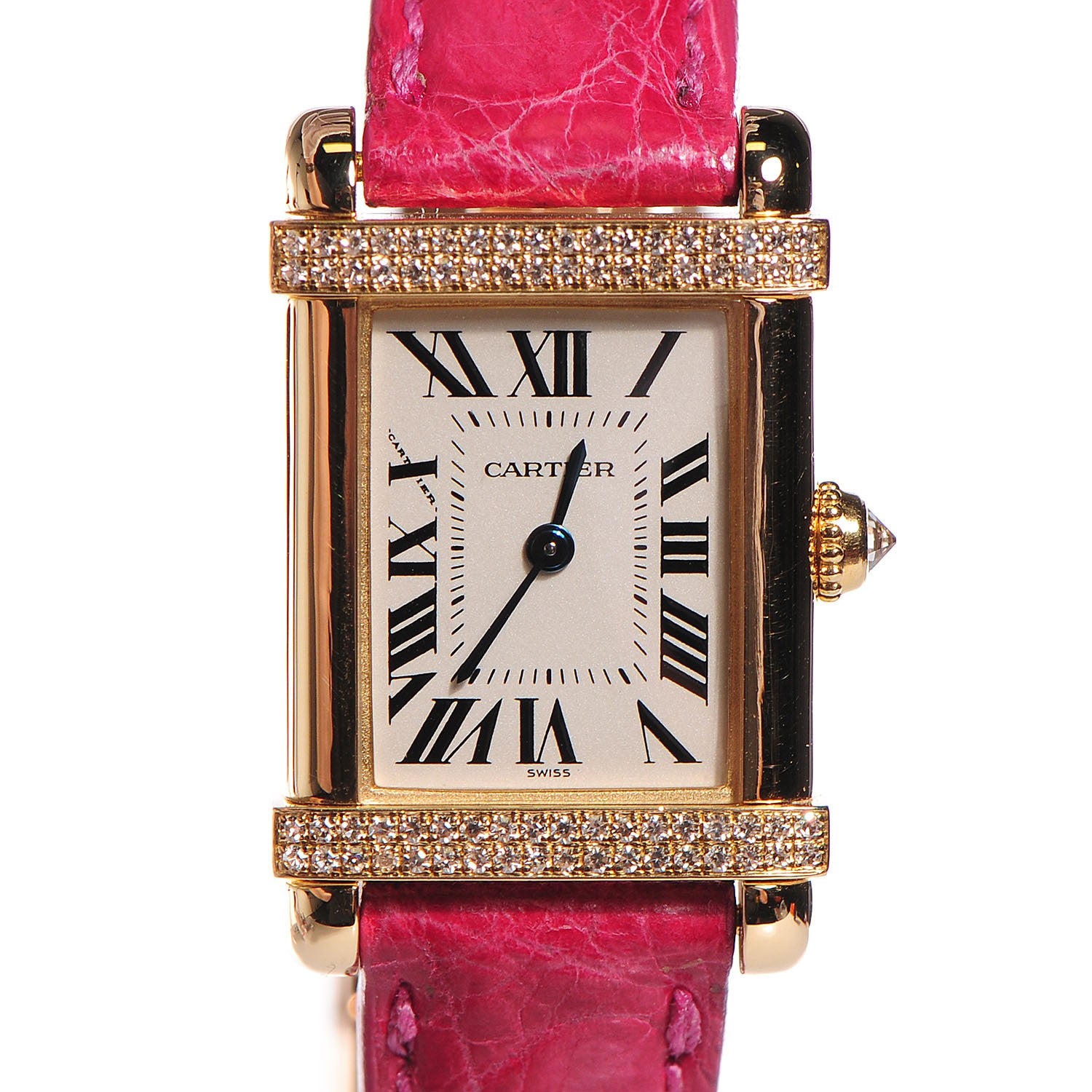 Cartier 18K Yellow Gold Alligator Diamond 20mm Tank Chinoise Quartz Watch Pink 1 of 7