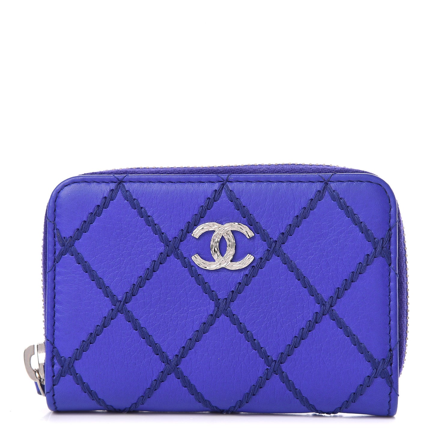 Calfskin Stitched Fancy CC Zip Coin Purse Blue