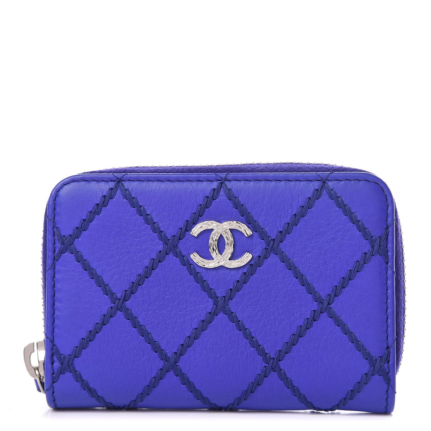 Chanel Calfskin Stitched Fancy CC Zip Coin Purse Blue 1 of 8