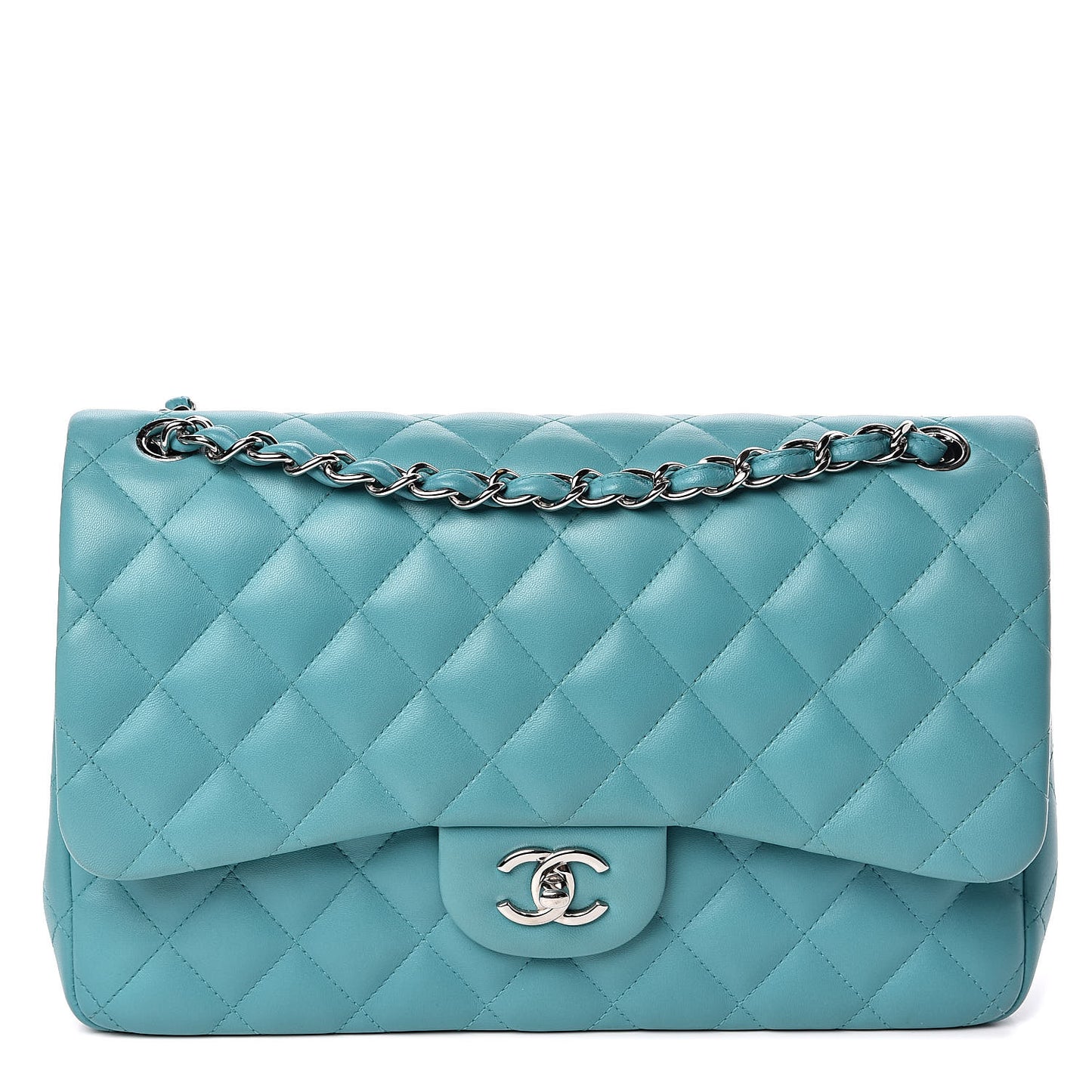 Lambskin Quilted Jumbo Double Flap Turquoise