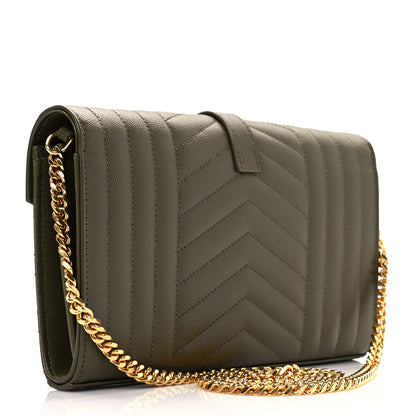 Saint Laurent Grain De Poudre Mixed Matelasse Triquilt Monogram Chain Wallet Kaki 2 of 7