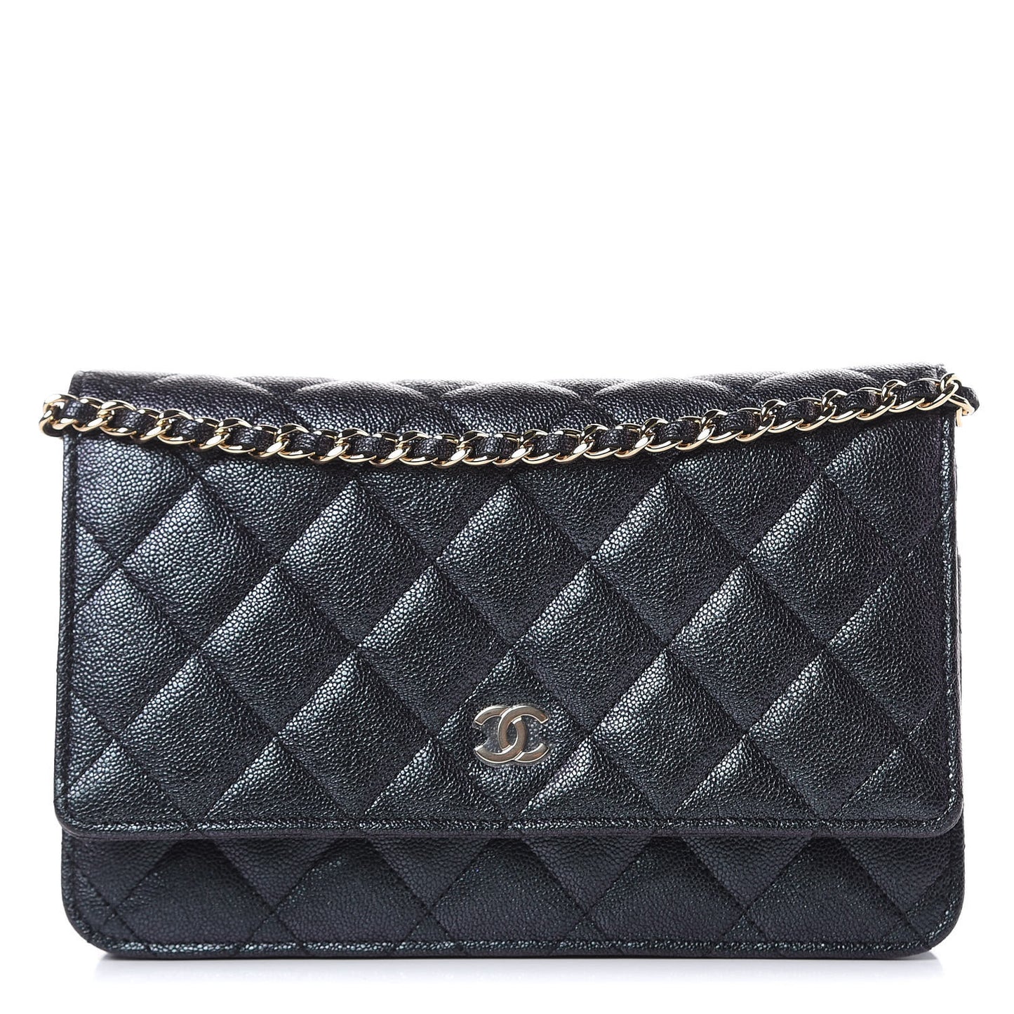 Iridescent Caviar Quilted Wallet On Chain WOC Black