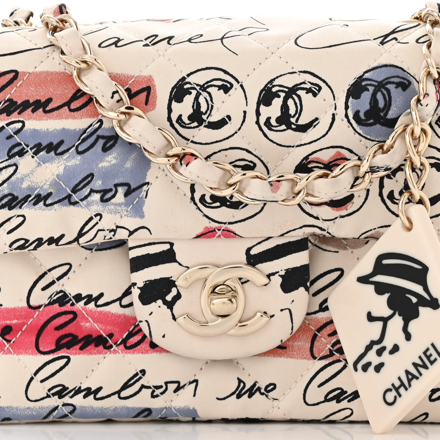 Nylon Quilted Rue Cambon Camellia Printed Mini Flap White Multicolor