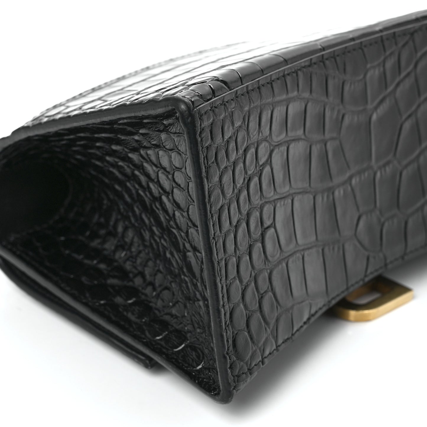 Shiny Calfskin Crocodile Embossed Small Hourglass Top Handle Bag Black