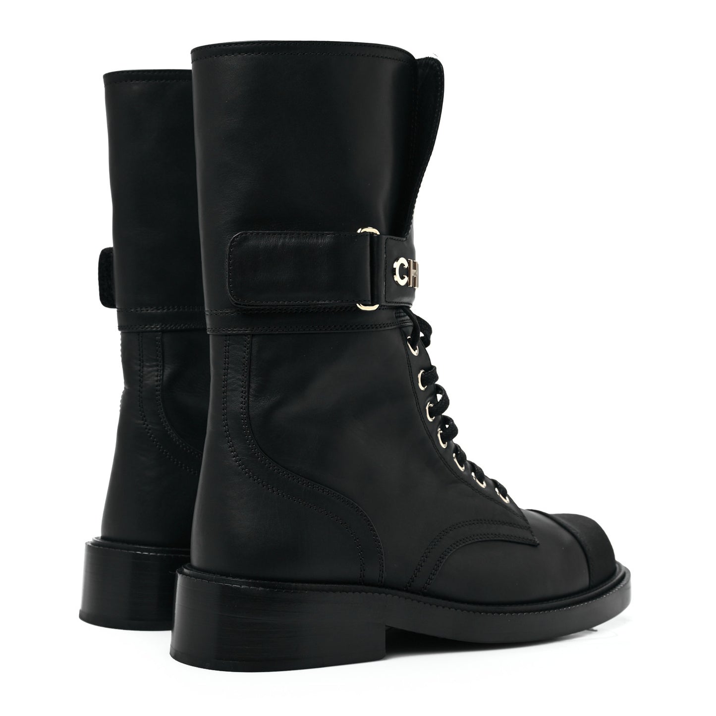 Shiny Calfskin Grosgrain Lace Up Combat Boots 36.5 Black