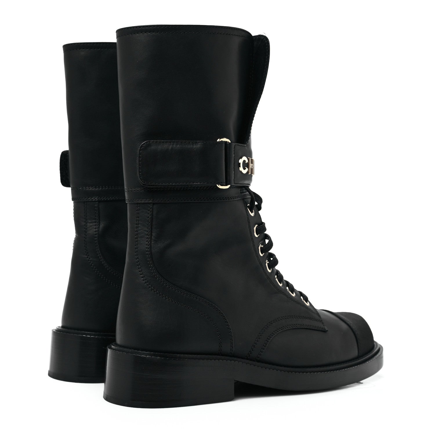 Chanel Shiny Calfskin Grosgrain Lace Up Combat Boots 36.5 Black 4 of 6
