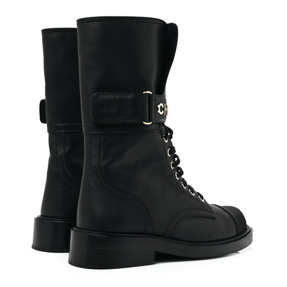 Chanel Shiny Calfskin Grosgrain Lace Up Combat Boots 36.5 Black 4 of 6
