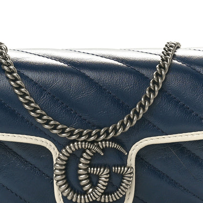 Gucci Vintage Effect Calfskin Matelasse Diagonal Super Mini Torchon GG Marmont Shoulder Bag Blue Agata Mystic White 8 of 10