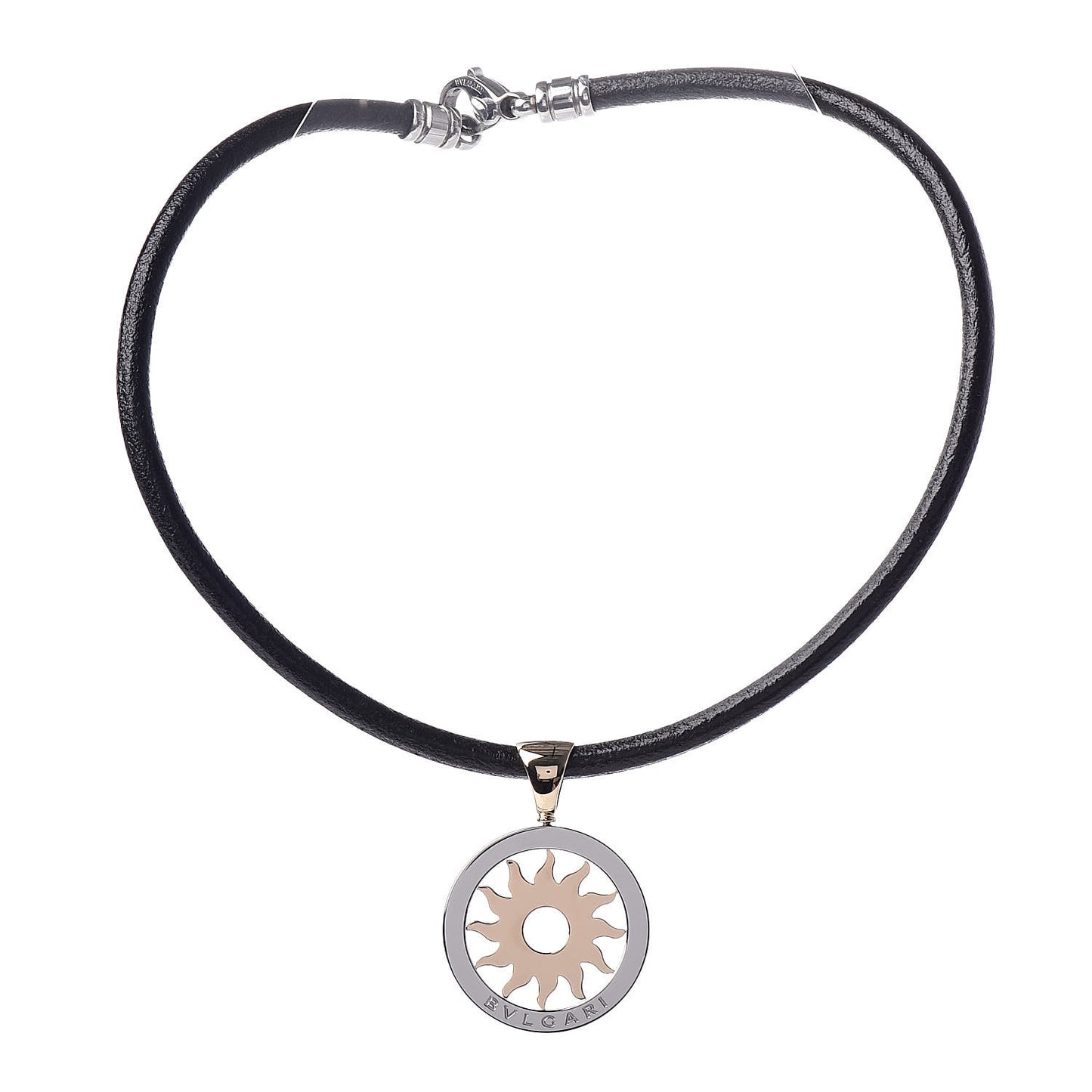 18K Yellow Gold Stainless Steel Calfskin Tondo Sun Pendant Necklace Black