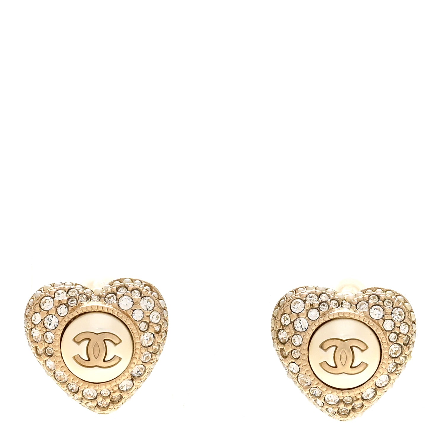 Chanel Pearl Crystal CC Heart Earrings Gold White Gold 1 of 5