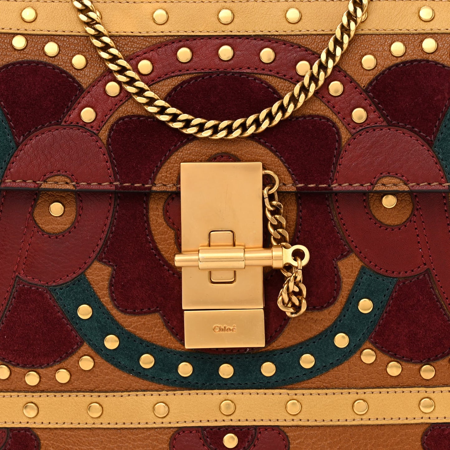 Calfskin Suede Floral Patchwork Studded Drew Shoulder Bag Caramel Multicolor