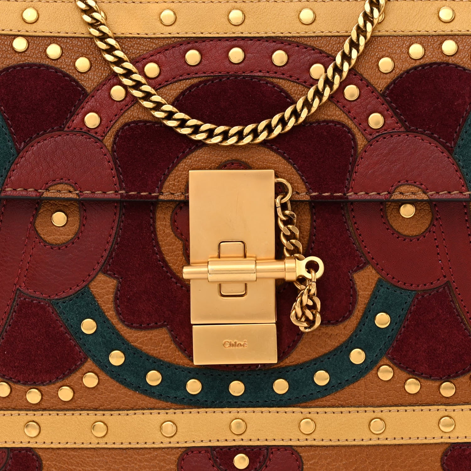 Chloe Calfskin Suede Floral Patchwork Studded Drew Shoulder Bag Caramel Multicolor 8 of 11
