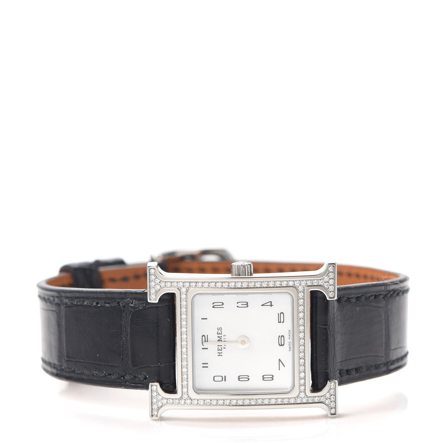 Stainless Steel Alligator Diamond Bezel Mother of Pearl 21mm Heure H Hour Quartz Watch Noir
