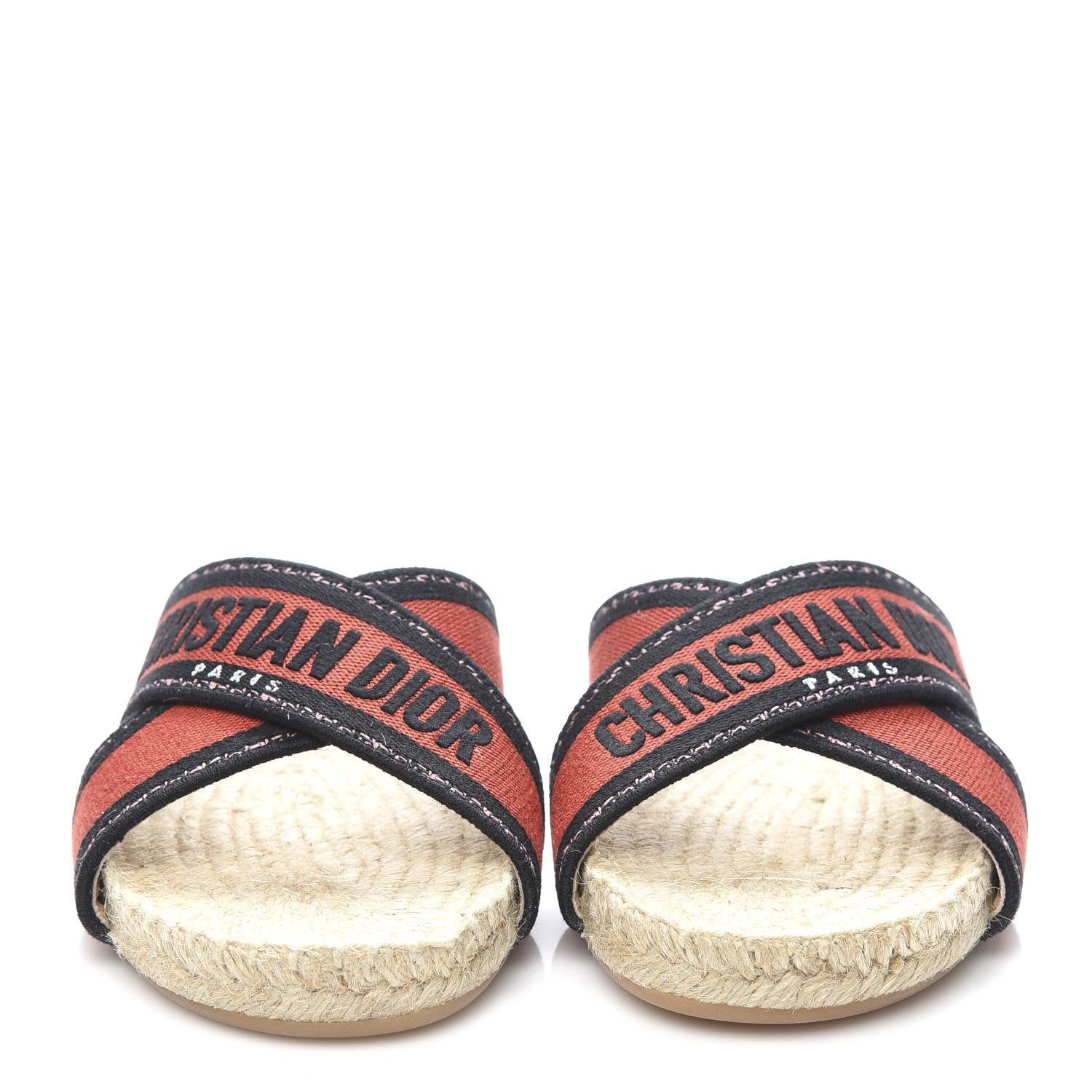 Christian Dior Canvas Embroidered Granville Espadrille Crisscross Flat Slide Sandals 37.5 Spicy Red 2 of 9