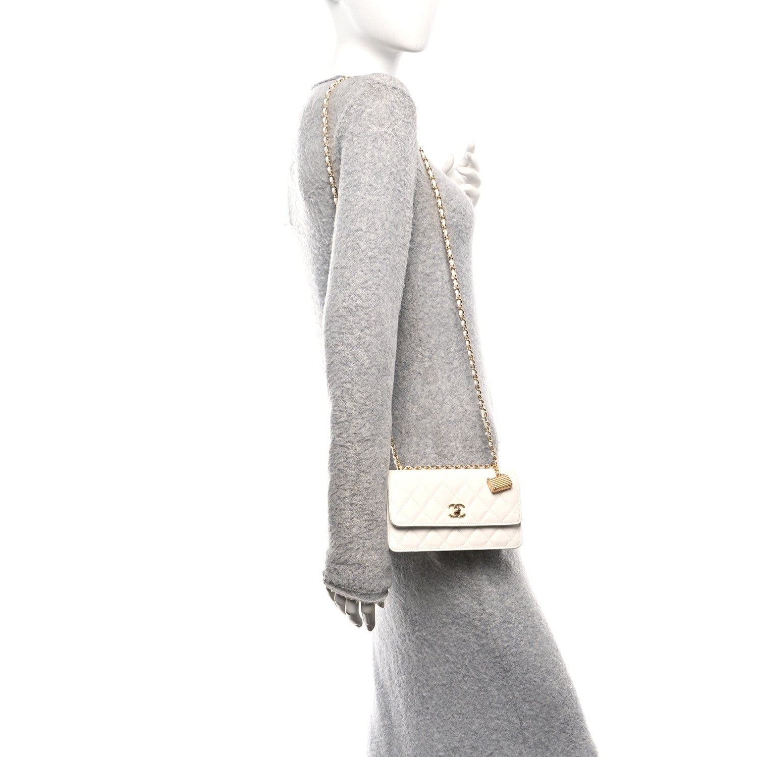 Chanel Shiny Caviar Quilted Flap Charm Wallet On Chain WOC White 2 of 13